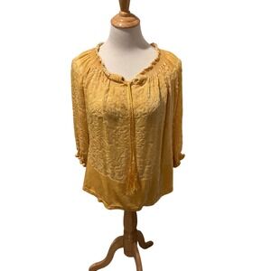 Sundance Yellow Burnout Velvet Silk Blend Tassel Tie Blouse PM Boho Floral‎ Top